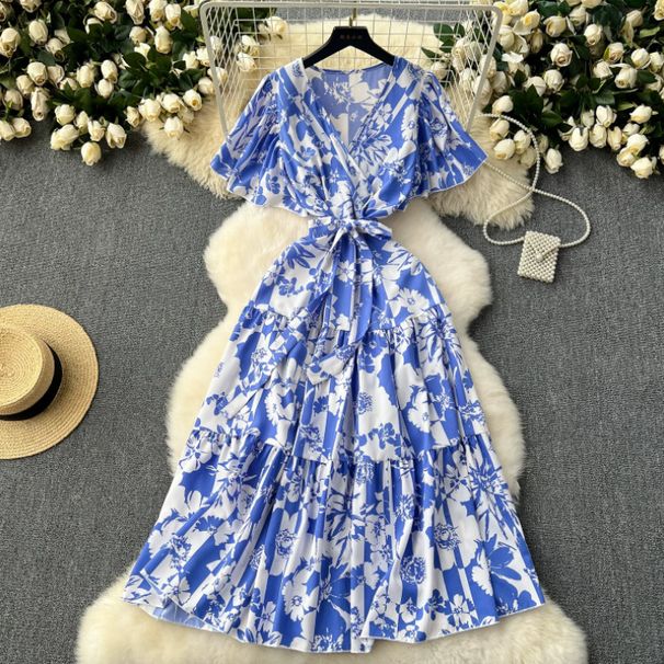 Slimming Design One-Piece V-Neck Tie Waist Short Sleeve Floral For Women Summer Elegant French Style Long Dress_ecoleips.com