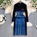 Women's Temperament Long Sleeve V-Neck Slim Denim Patchwork Dress Mid-Calf A-Line Hip Dress For Spring/Autumn Summer_ecoleips.com