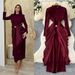 Elegant Semi-High Neck Pleated Long Sleeve Dress For Women - Red Slim Fit A-Line Midi Dress For Sophisticated Style_ecoleips.com