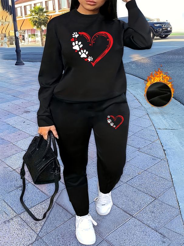 Women's Autumn/Winter Hip Hop Casual Street Heart Pattern Printed Round Neck Sweatshirt+Sweatpants Warm Set-617_ecoleips.com