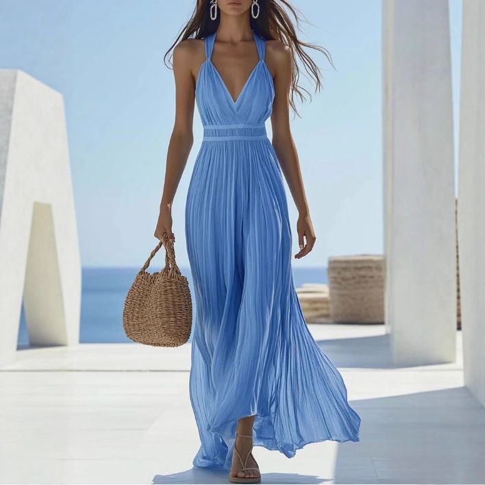 Elegant Light Blue Chiffon Maxi Dress – Flowy V-Neck Pleated Midi Dress For Women (S-Xxl, Breathable Polyester, Versatile Day-To-Night Wear)_ecoleips.com