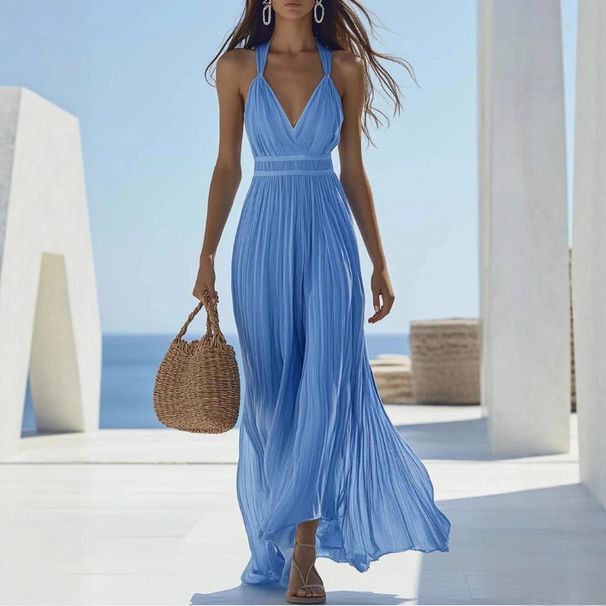 Elegant Light Blue Chiffon Maxi Dress – Flowy V-Neck Pleated Midi Dress For Women (S-Xxl, Breathable Polyester, Versatile Day-To-Night Wear)_ecoleips.com