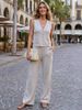 Women's V-Neck Button Pocket Knit Vest & High Waist Wide Leg Pants 2 Piece Outfit_ecoleips.com