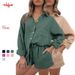 Women's Wrinkle Textured Button-Down Shirt With Relaxed Shorts Set - Casual & Office Wear Soft Stretch Comfort_ecoleips.com
