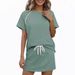 Women's 2 Piece Side Stripe Drawstring Short Sleeve Crew Neck Sweatshirt And Skirt Set – Casual Sporty Outfit_ecoleips.com