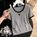 Grey Bow Tie Short Sleeved T-Shirt For Women Summer Slim Fit U Neck Low Neck Knit Short Style Top_ecoleips.com