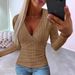 European And American New 2023 Autumn Ribbed Button Knit Pullover V-Neck Slim Fit Long Sleeve T-Shirt For Women_ecoleips.com