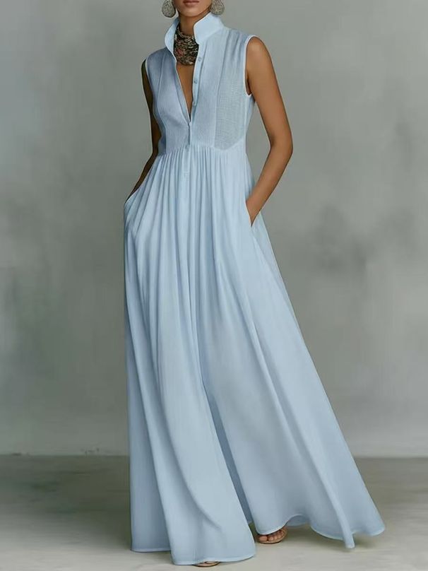 Elegant Waist-Defining Long Sleeve Pleated Maxi Dress For Vacation, Colorful Dress Versatile Style Companion_ecoleips.com