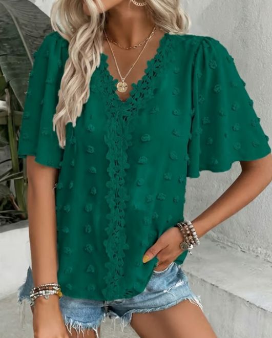 Women's Summer V-Neck Short Sleeve Blouse With Jacquard Lace Trim - Comfortable Loose Fit Casual Top_ecoleips.com