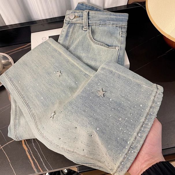 Women's Clothing High-Waisted Star Studded Rhinestone Flared Jeans Slimming Petite Look Platform Women's Denim Trendy Spring_ecoleips.com