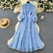 French Retro Elegant Women's Long Dress High End Stand Collar Single Breasted Waist Cinching Embroidered Mesh New Style_ecoleips.com