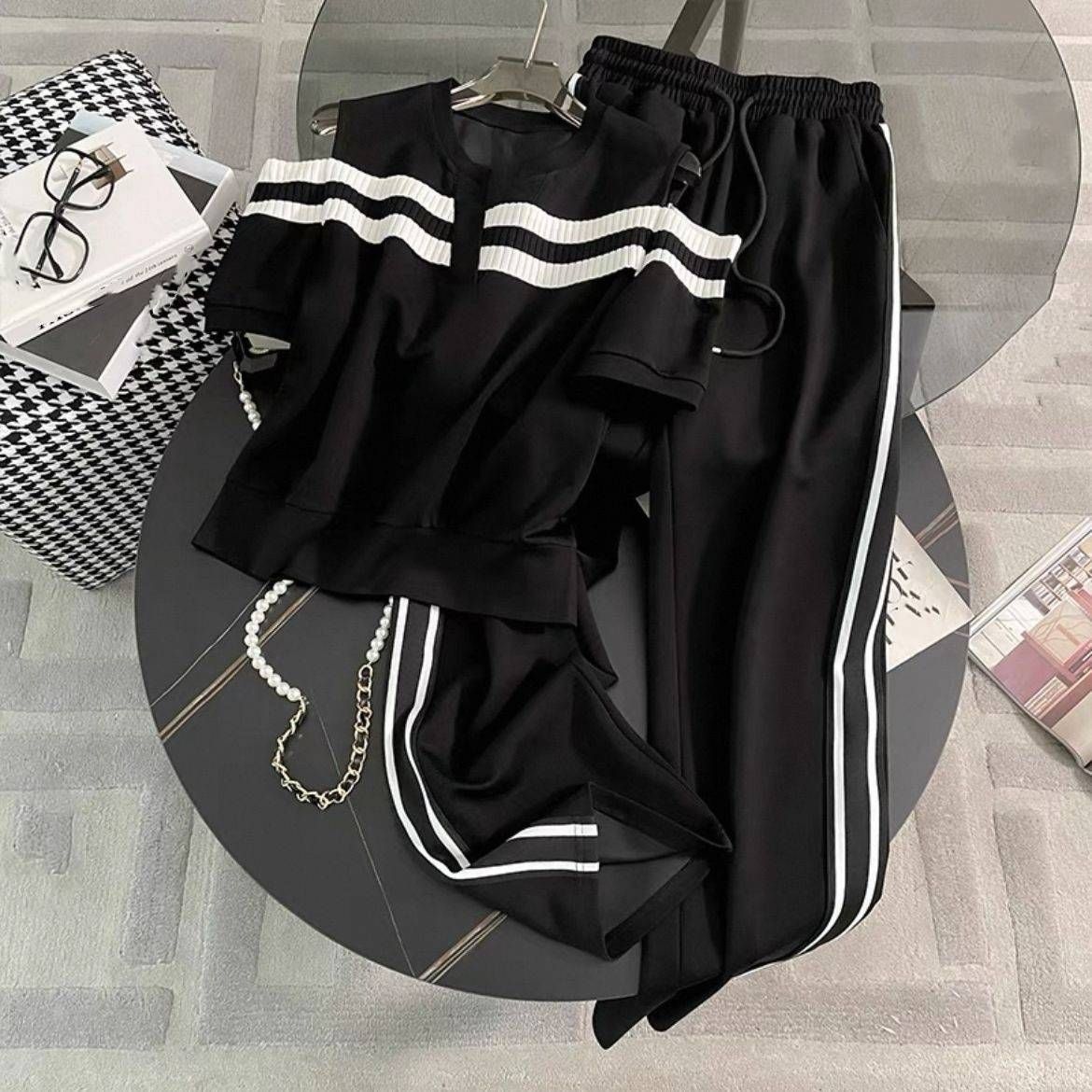 Women's Clothing Summer Black Casual Fashion Suit Female Design Niche Off Shoulder Short Sleeved Top Wide Leg Pants Two Piece Suit_ecoleips.com
