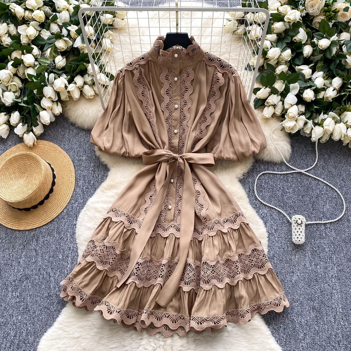 Women's Clothing Retro Palace Fashionable Lace Splicing Tie Waist Dress Lantern Sleeve Slim Temperament A Line Skirt_ecoleips.com
