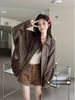 Retro Brown Leather Jacket For Women Spring Autumn Loose Motorcycle Style Elegant Fashion Polyester Top_ecoleips.com