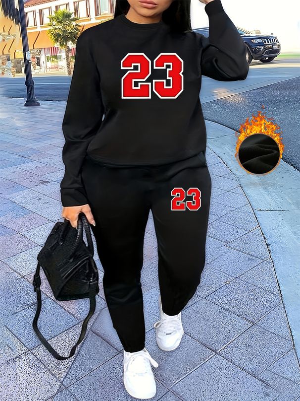Women's Autumn And Winter Hip-hop Casual Street 23 Print Round Neck Sports Shirt+sports Pants Set-514_ecoleips.com