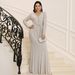Elegant Long Sleeve Silver Evening Gown For Women Slim Fit Party Dress Birthday Celebration High-End Feel_ecoleips.com