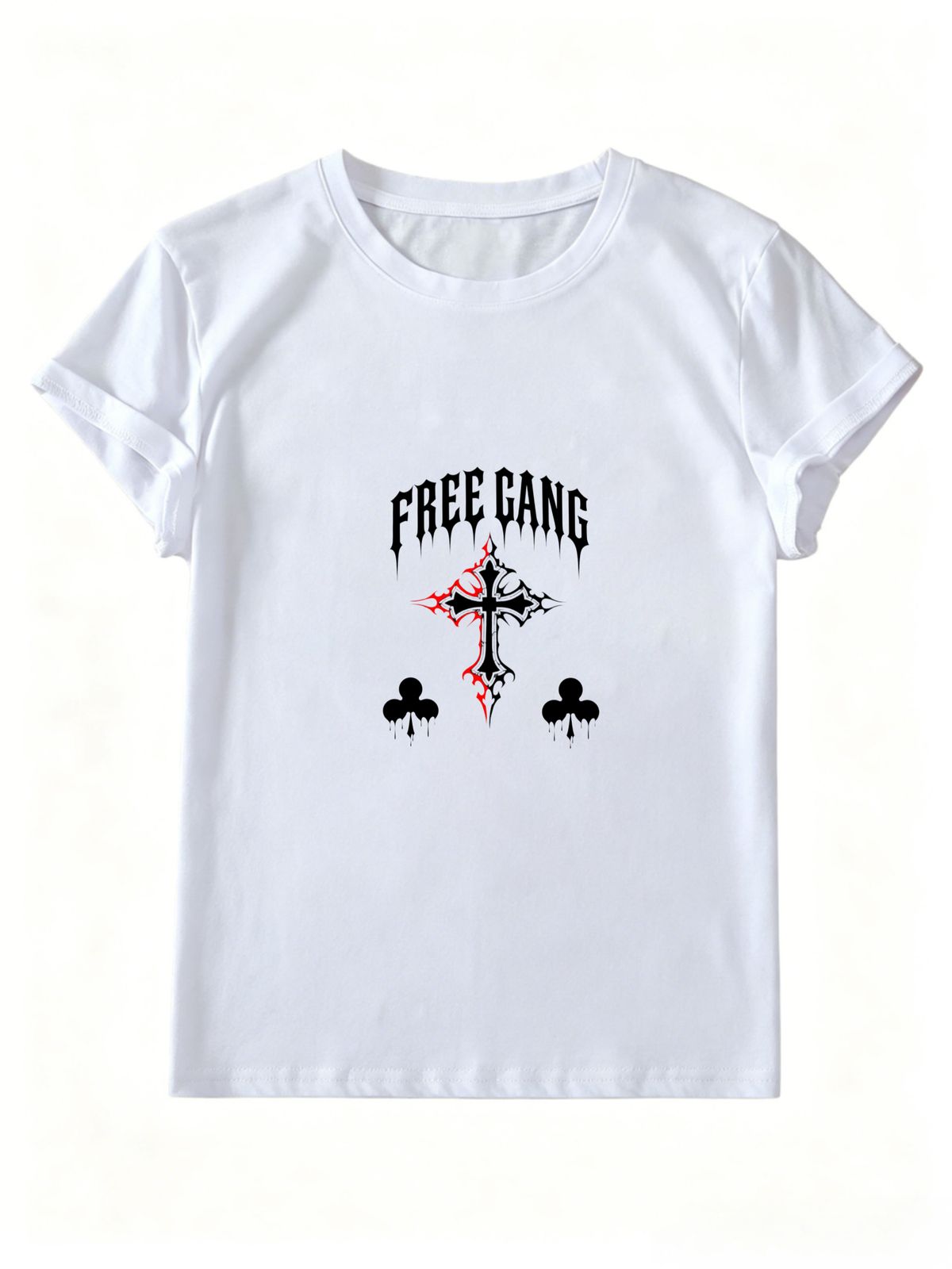 Y2K Punk Drip Gothic Free Gang Flame Cross Clover Graphic Women Tee, Dark Alt Street Short Sleeve Casual Daily Top_ecoleips.com