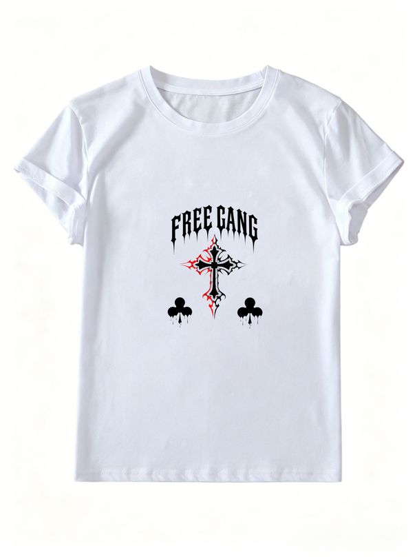 Y2K Punk Drip Gothic Free Gang Flame Cross Clover Graphic Women Tee, Dark Alt Street Short Sleeve Casual Daily Top_ecoleips.com