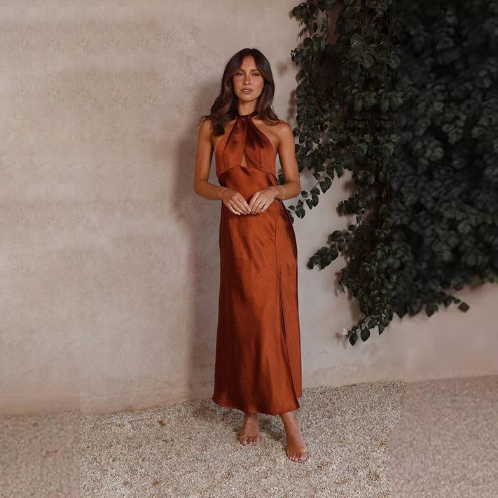 Women's Clothing Sexy Waist Halter Neck Slit Long Satin Sleeveless Dress Women_ecoleips.com