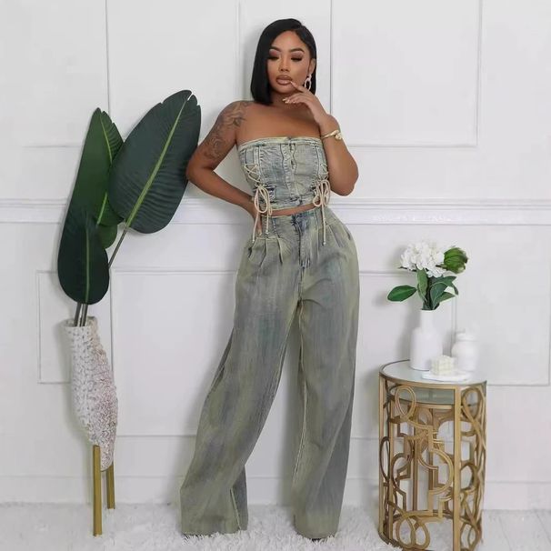 Women's Distressed Denim Wide-Leg Jumpsuit Two Piece Set With Tube Top And High Waist Washed Jeans_ecoleips.com