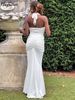 Hugcitar Halter V Neck Ruched Backless Sexy Bandage Draped Sexy Maxi Dress Summer Elegant Vacation Y2K Clothes Birthday Party_ecoleips.com
