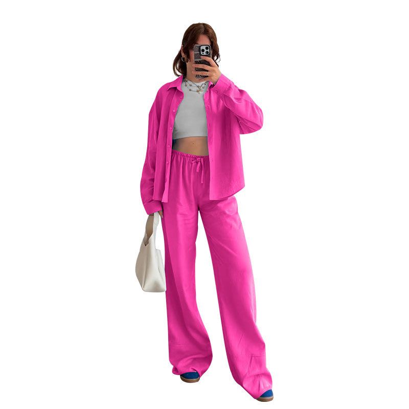 Women's Clothing Spring And Summer New Pure Color Cotton Long Sleeve Cardigan Women's Loose Shirt Casual Pants Set_ecoleips.com