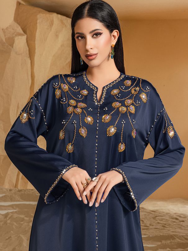 Color Blue Heavy Abaya Hand Sewn Diamond Dress Dress Party Long Skirt_ecoleips.com