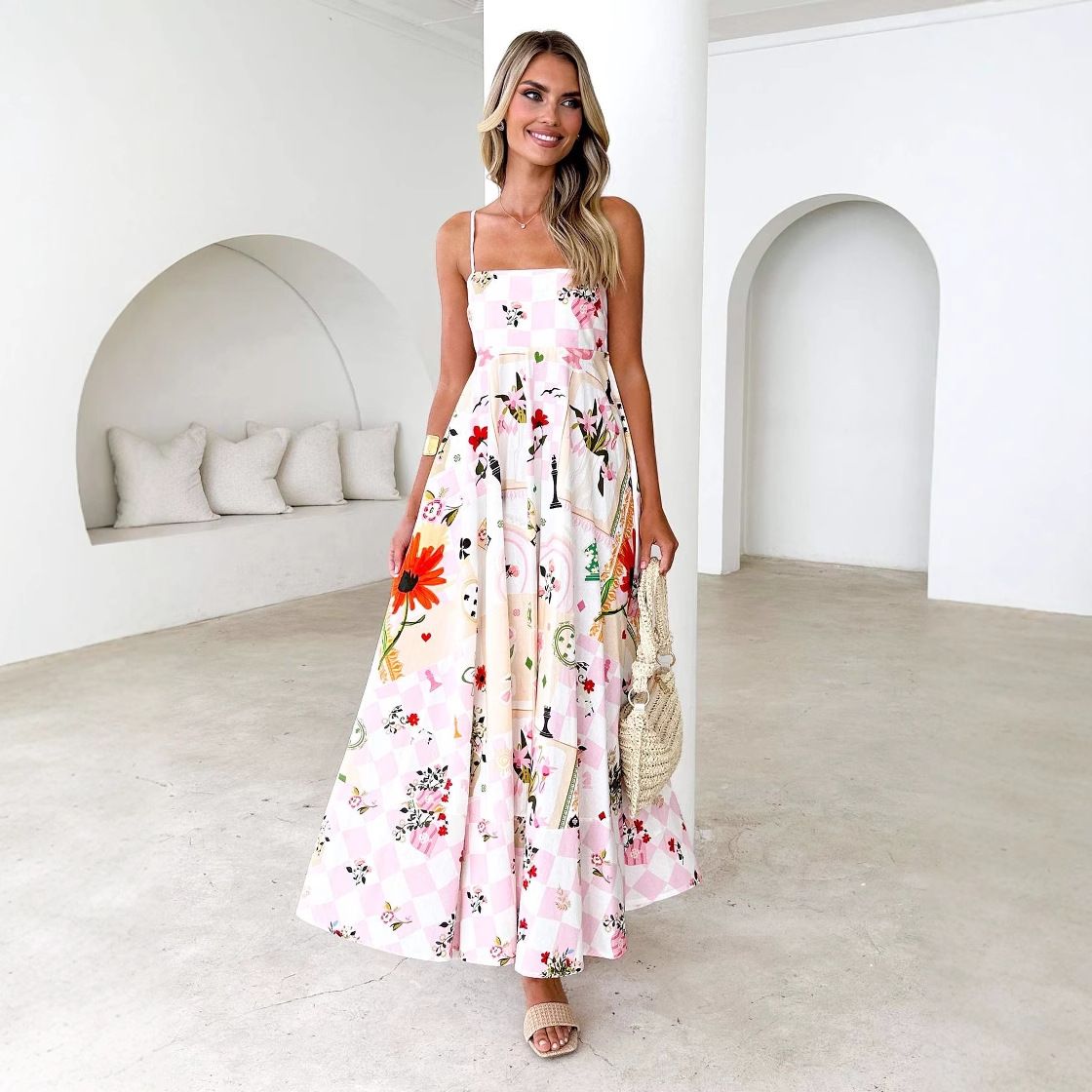 Women's High Waist Printed Swing Dress Summer Fashion Backless Suspenders Sexy European American Style 2025_ecoleips.com