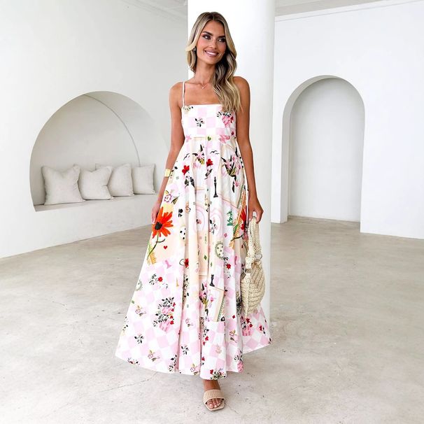 Women's High Waist Printed Swing Dress Summer Fashion Backless Suspenders Sexy European American Style 2025_ecoleips.com