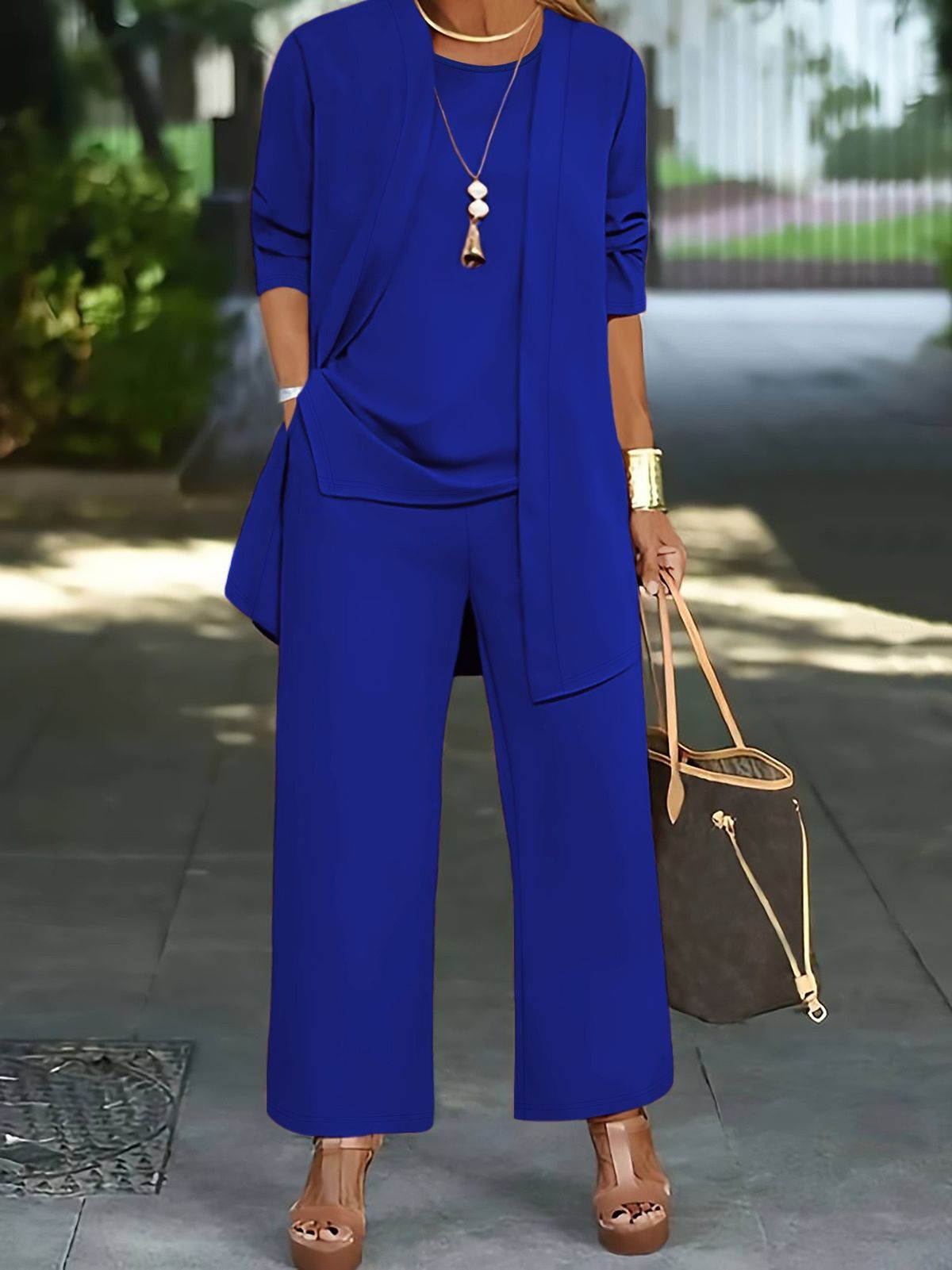Women's Split Hem Sleeveless Top & Wide-Leg Pants Set - Solid Color, Office Chic, Wrinkle-Resistant_ecoleips.com