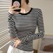 2025 High Quality Black White Striped T-Shirt Women's Pure Cotton 2025 Autumn And Winter Clothing New Slim Fit Shoulder Top_ecoleips.com