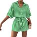 Women's Striped Collared Cardigan Button Down Mid Sleeve Jumpsuit With Belt Spring/Summer_ecoleips.com