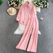 Women's French Style Rhinestone Embellished Two Piece Set Long Sleeved Sun Protective Shirt Casual Loose Wide Leg Pants_ecoleips.com