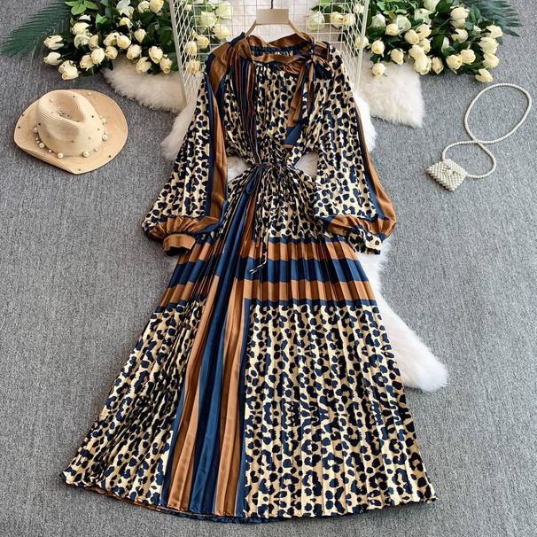Women's Clothing Women's Style High-End Round Neck Dress Printed Lantern Sleeve Waist Slimming Pleated Summer Style_ecoleips.com