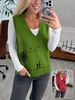 Solid Color Knit Sleeveless Vest, Women's V-Neck With Cartoon Pattern Knitwear_ecoleips.com