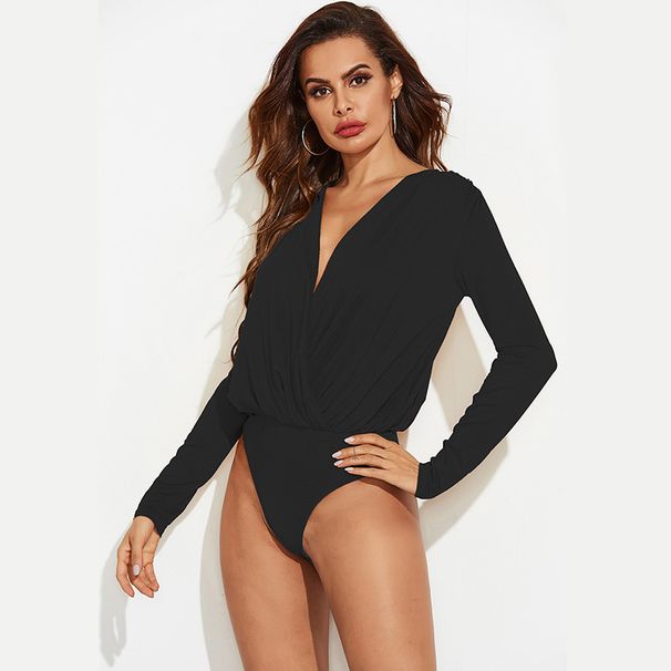 Women's Slimming Fashion Bodysuit Deep V Neck Long Sleeve European American Style Base Layer Top for Autumn Sexy Irregular Design_ecoleips.com