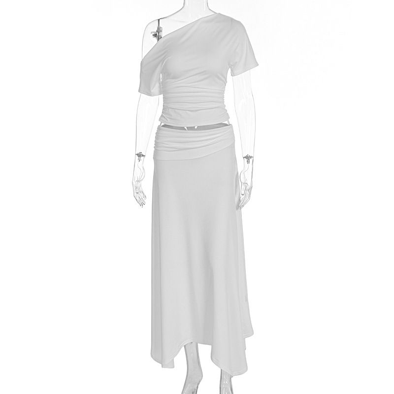 New Arrival Summer Fashion Temperament One Shoulder Slim Top High Waist Long Dress Two Piece Outfit Set_ecoleips.com