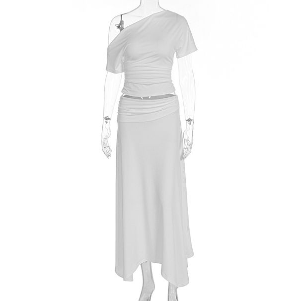 New Arrival Summer Fashion Temperament One Shoulder Slim Top High Waist Long Dress Two Piece Outfit Set_ecoleips.com