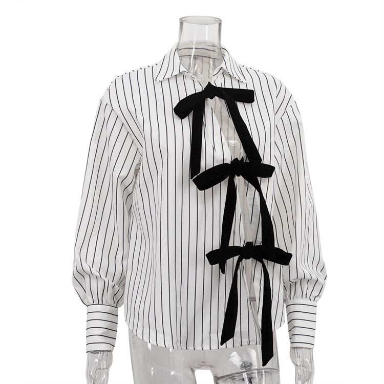 K Uniquely Designed Lace Up Printed Striped Shirt For Women, Featuring A New Style Of Lapel, Long Sleeved Cardigan, And Versatile Top_ecoleips.com