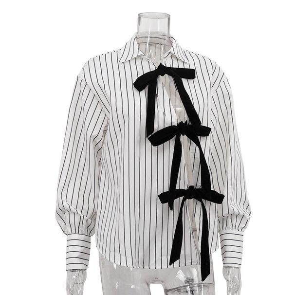 K Uniquely Designed Lace Up Printed Striped Shirt For Women, Featuring A New Style Of Lapel, Long Sleeved Cardigan, And Versatile Top_ecoleips.com