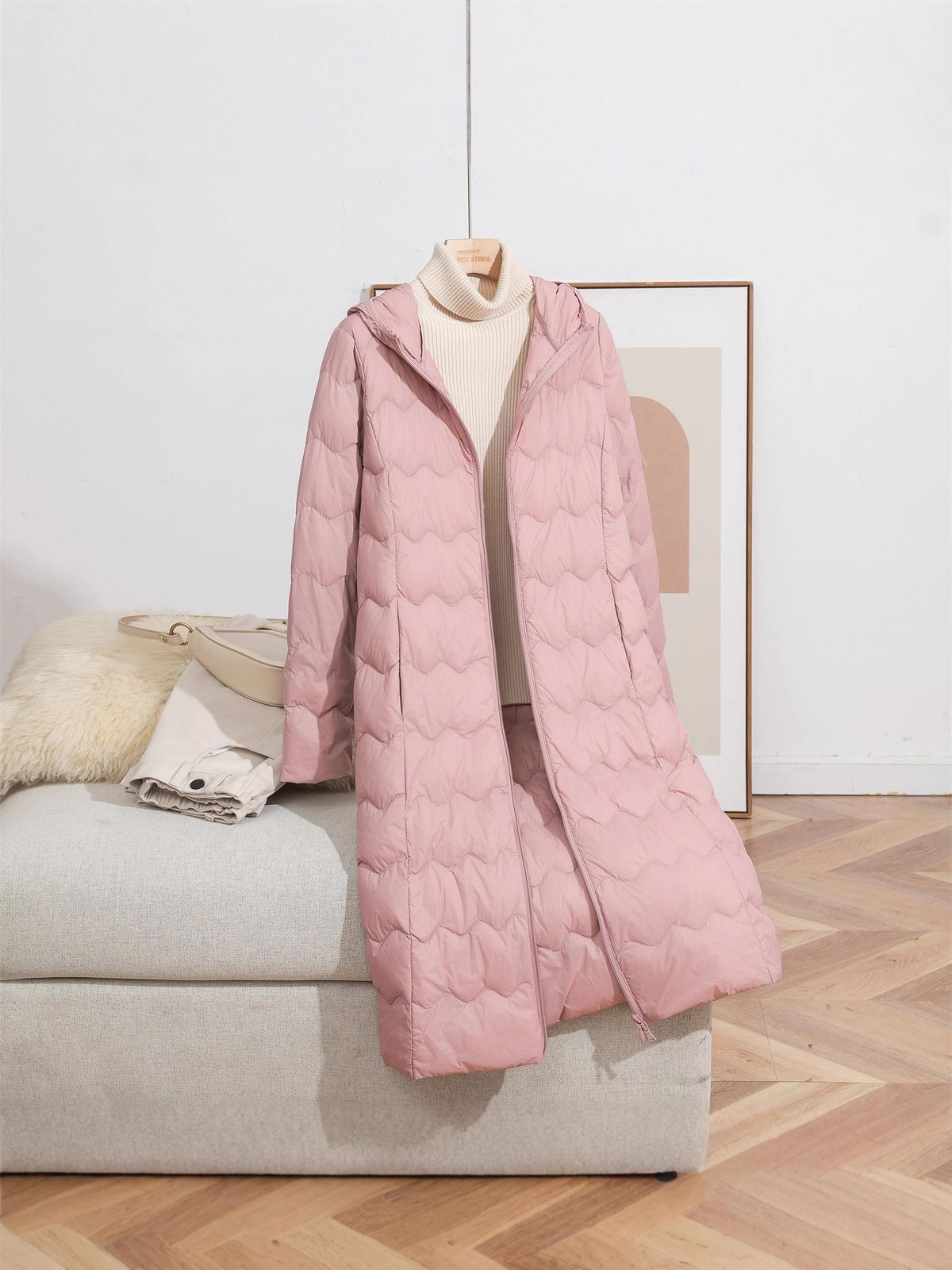 Women's Lightweight Long Hooded Down Jacket With Wavy Design, Slim Fit Winter Coat For Casual Wear (Beige, Pink, Gray, Brown, Black)_ecoleips.com