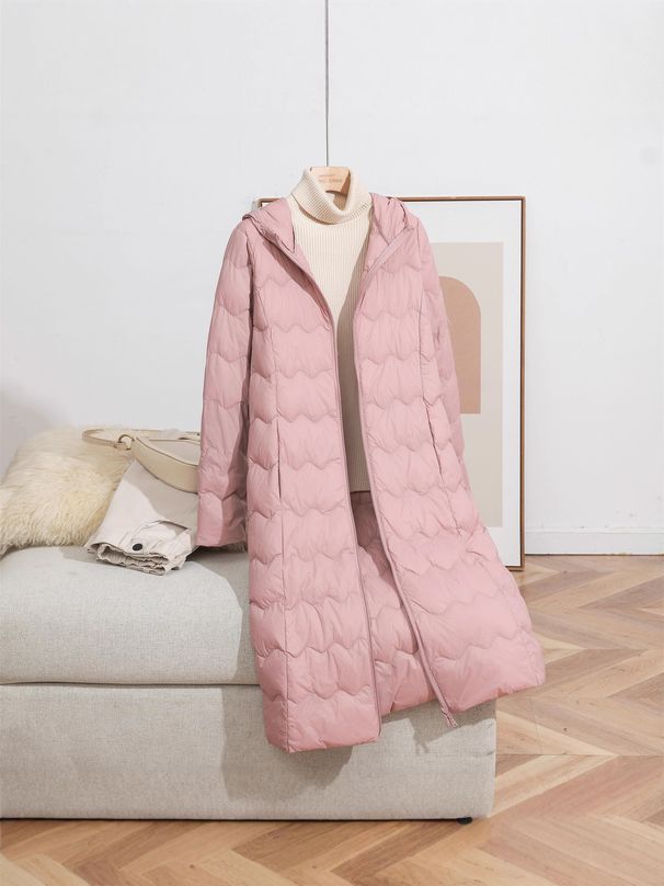 Women's Lightweight Long Hooded Down Jacket With Wavy Design, Slim Fit Winter Coat For Casual Wear (Beige, Pink, Gray, Brown, Black)_ecoleips.com
