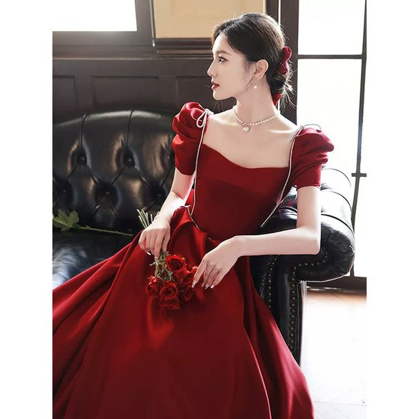 Bride's Toast Dress In Wine Red Satin, Elegant Petite Engagement Dress, Runaway Princess Wedding Gown For Women_ecoleips.com