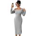 Women's Clothing Plus Size Clothes "Elegant Ribbed Square Neck Bodycon Dress – Off-Shoulder Long Sleeve Slit Dress For Women_ecoleips.com