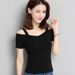 Women's Black Off-Shoulder T-Shirt Korean Style Summer 2026 Short Sleeve Sexy Trendy Top_ecoleips.com