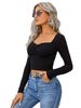 Voya Women's Spring And Summer Lace Square Neck Slim Fit Ultra Short Knitted Long Sleeved T-shirt Top Versatile_ecoleips.com