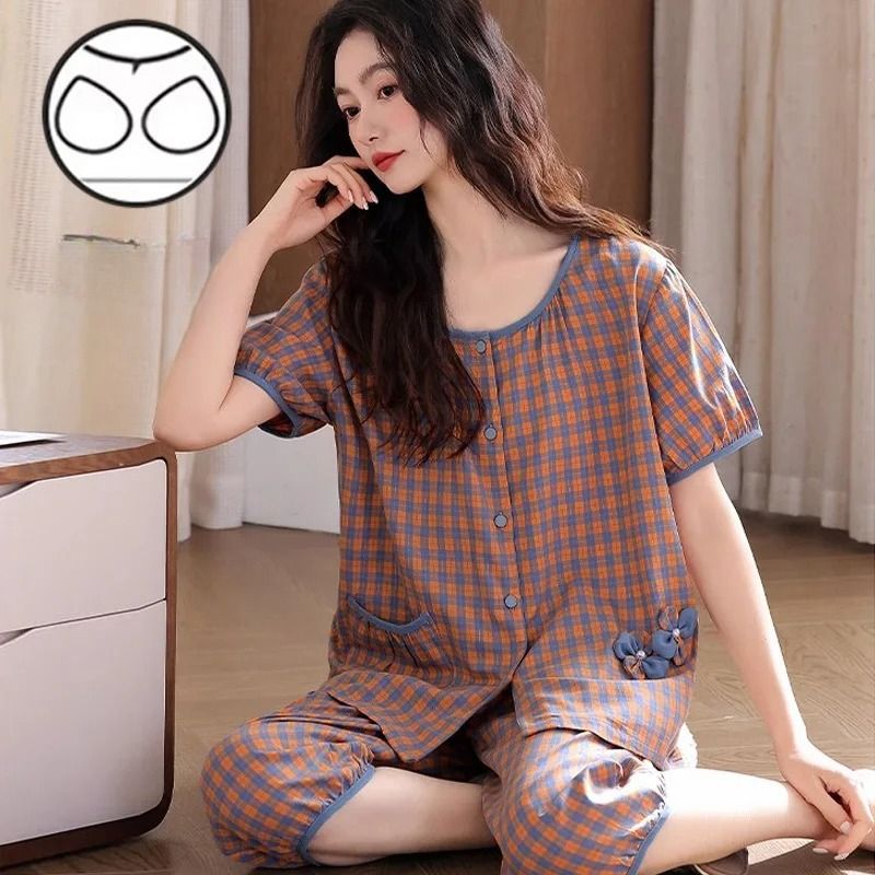 Women's Plaid Pajamas Set Short Sleeve Top And Capri Pants Sleepwear 2 Piece Set Summer Casual Loose Loungewear Set_ecoleips.com