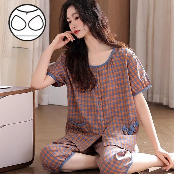 Women's Plaid Pajamas Set Short Sleeve Top And Capri Pants Sleepwear 2 Piece Set Summer Casual Loose Loungewear Set_ecoleips.com