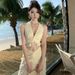Sexy Hot Girl Fashion For Women: Halter Neck Strap Top And High Waist Patchwork Long Skirt Two-Piece Set_ecoleips.com