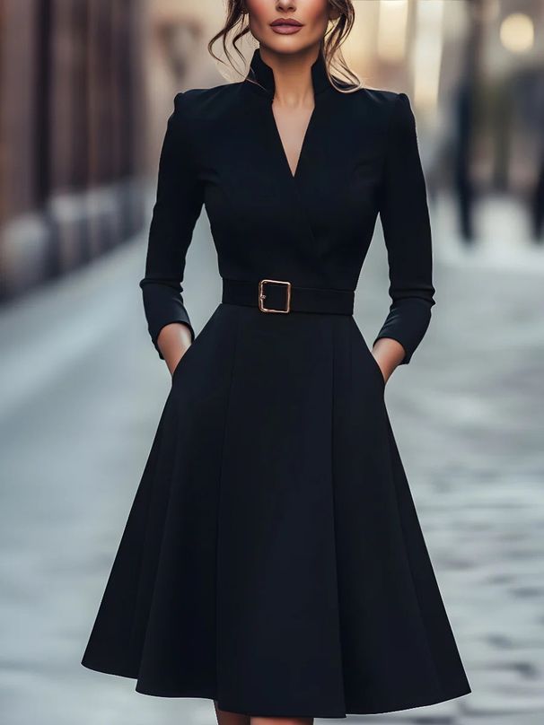 Women's V Neck Long Sleeve Dress Waist Cinching Solid Color Autumn Winter Long Dress European American Style_ecoleips.com